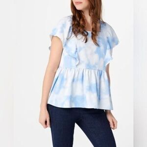 NWOT Du Jour Women’s Blue White Tie Dye Ruffle Blouse Top - Size Large